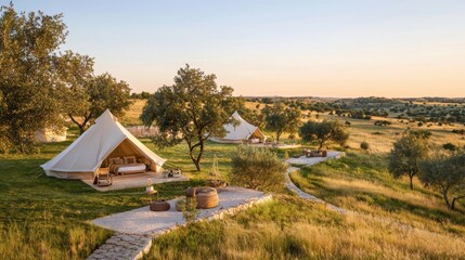 Poster - Glamping Tents in Olive Grove  Sunset Landscape