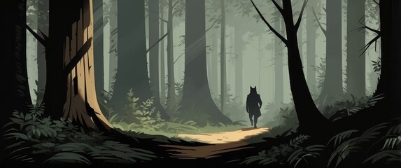 Wall Mural - A Silhouetted Figure Walking Through a Misty Forest