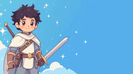 Wall Mural - Cute Cartoon Boy Knight with Sword and Blue Sky Background