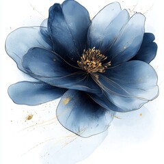 Wall Mural - Beautiful flower with gold and black lines, a watercolor painting with blue and gray colors on a white background.