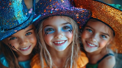 Three happy kids in colorful hats and Halloween makeup, perfect for a festive banner or a spooky postcard celebrating Halloween with copy space.