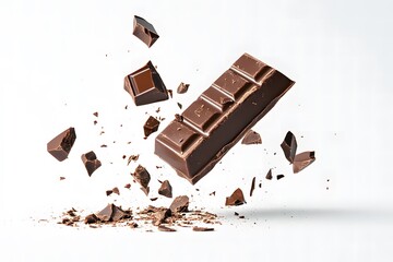 Chocolate Pieces and Bars Falling on White Background