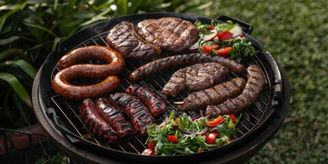 Wall Mural - Variety of grilled meats on a gas barbecue in an outdoor setting, featuring coiled sausage, fillet steak, ribeye, and pork sausage accompanied by a salad.