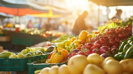 Close-up of various fresh fruits and vegetables in market stalls with warm sunlight showcasing healthy eating and local produce concept