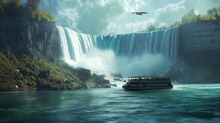 A boat tour under Niagara Falls, surrounded by towering walls of water.