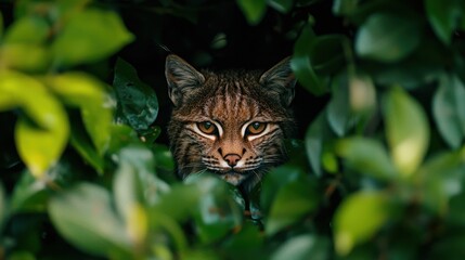 Wall Mural - Bobcat Hiding in Green Foliage  Wildlife Photography