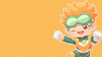 Wall Mural - Happy Cartoon Boy Wearing Goggles With Orange Hair on Yellow Background