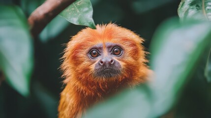 Sticker - Golden Lion Tamarin Monkey Closeup Portrait in Rainforest