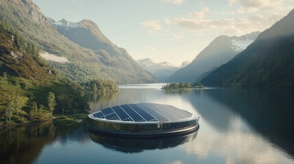 Canvas Print - Modern Eco Friendly House on a Lake with Mountain View