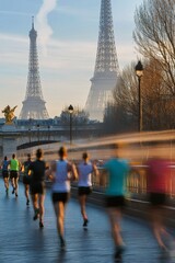 Canvas Print - Runners Blurred by Motion as They Pass Eiffel Tower