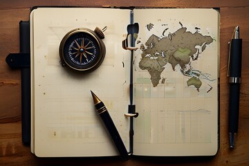 top view of vintage blank notebook with fountain pen near compass on map background Generative AI