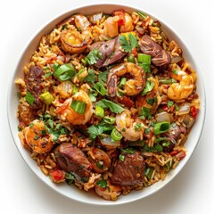 Wall Mural - Flavorful and colorful shrimp and rice dish, garnished with herbs and sliced red onion.