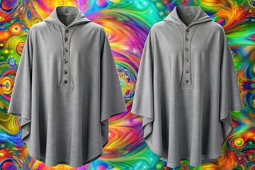 A psychedelic storm rages behind a serene Cool Grey Comfort Fit Henley Poncho, its bold colors clashing with the subtle grey in a mesmerizing dance.