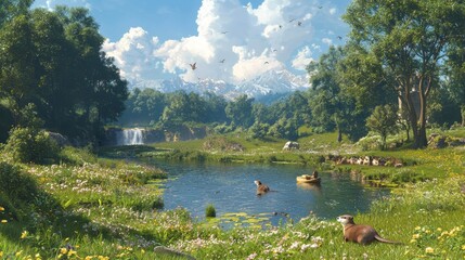 Sticker - Peaceful River Scene with Otters and Waterfall in Lush Green Forest