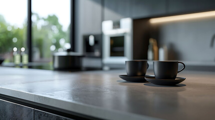 Close-up view of a coffee set on a contemporary kitchen island countertop, with modern kitchen elements in the background, highlighting the elegance and functionality of the space in HD detail