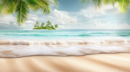 Sandy tropical beach with island on background