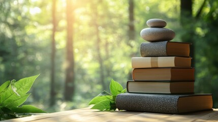 Tranquil Podium with Mindfulness and Holistic Health Books in Nature Setting