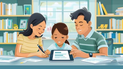 Wall Mural - Parents filling out school surveys on a tablet while attending a parent-teacher conference. Cartoon illustrations