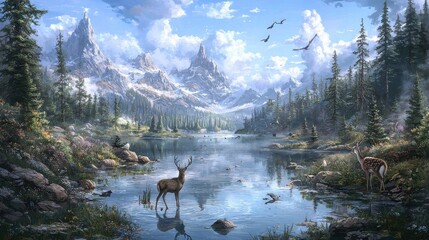 Canvas Print - Majestic Mountain Lake with Deer and Birds