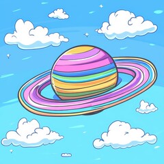 Wall Mural - An adorable rainbow Saturn planet drifts in a sky full of fluffy clouds, radiating joy and whimsy.