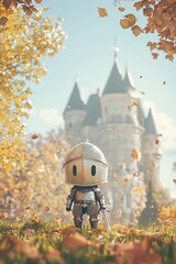 Sticker - Miniature Knight with Sword in Autumn Leaves and Castle Background