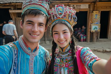 Wall Mural - Selfie with traditional clothing from another culture