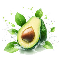 Wall Mural - Fresh, delicious avocado halves splashing with leaves, cut out