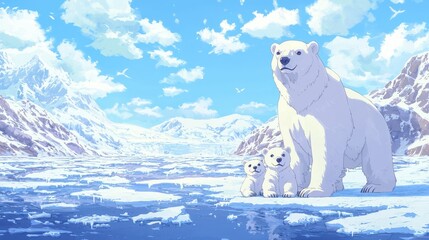 Poster - Polar Bear Family on Ice Floe in Arctic Landscape