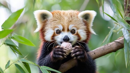 Adorable Red Panda Cub Eating in Lush Green Foliage