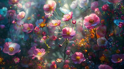 Wall Mural - Pink Flowers in a Dreamy Field.