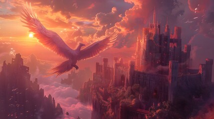 Canvas Print - Phoenix Flying Over a Castle at Sunset.