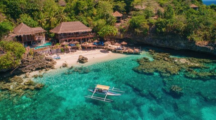 Wall Mural - Tropical Island Resort with Crystal Clear Waters and Boat