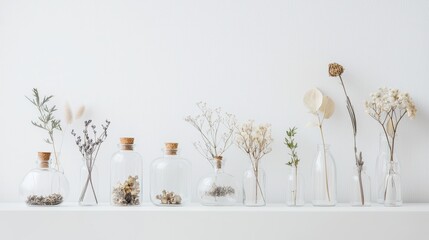 Poster - Dried Flowers in Glass Bottles on White Shelf