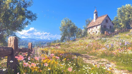 Poster - Cottage in a Field of Flowers with Mountain View