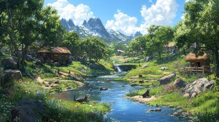 Wall Mural - Picturesque Mountain Village With River Otters And A Waterfall