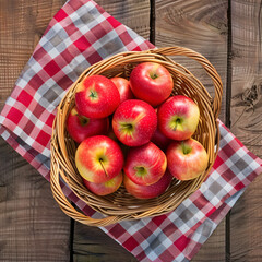 Sticker - Apples in a wicker basket high angle view on wooden