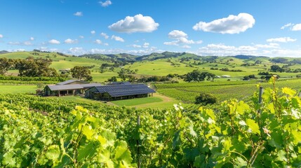 Wall Mural - Vineyard with Solar Panels and Rolling Hills in Sunny Landscape