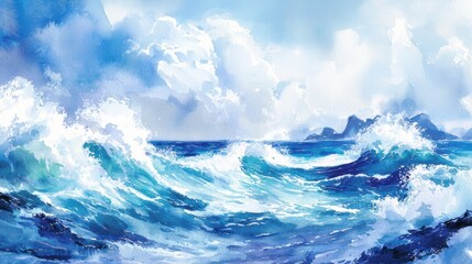 Wall Mural - Watercolor Painting of Ocean Waves Crashing Against a Rocky Shore