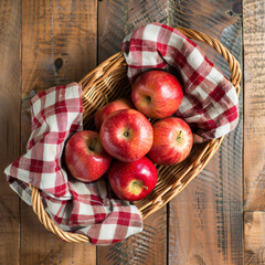 Wall Mural - Apples in a wicker basket high angle view on wooden