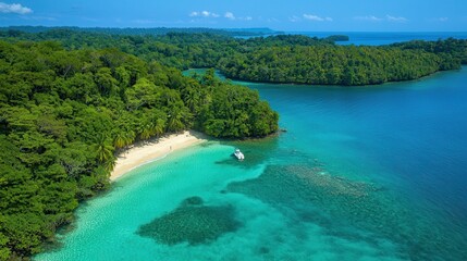 Poster - Aerial View of Tropical Island with White Sand Beach  Turquoise Water and Boat