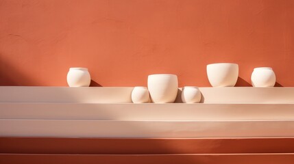 Wall Mural - A harmonious blend of terracotta gradually transitioning to white creates a warm backdrop for five elegantly arranged ceramic pots on a simple shelf