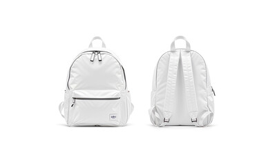 blank white backpack with zipper and strap mockup, front back.