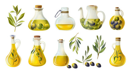 Set of olive oil and olives isolated on white background