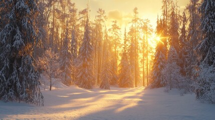 Poster - Sunbeams Illuminating a Snow-Covered Forest at Sunset