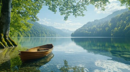 Poster - Wooden Rowboat on Tranquil Mountain Lake with Clear Water