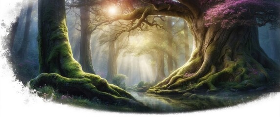 Wall Mural - Sunlight Filtering Through Ancient Trees in a Mystical Forest