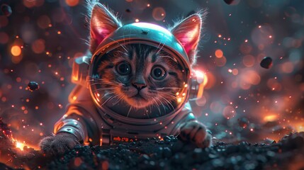  Space Adventure: Cartoon Purple Kitten Dances as Astronaut on Alien Planet AI