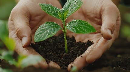 Wall Mural - Hands Holding a Sprout with Dewy Leaves