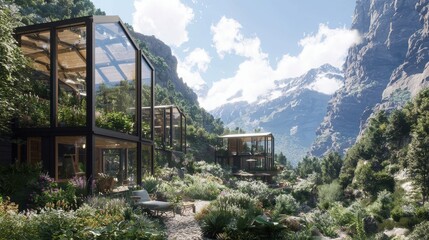 Sticker - Modern Glass Cabins in Mountain Valley Landscape