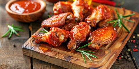 Canvas Print - Spicy wings with fiery sauce and rosemary served on a reclaimed wood platter.